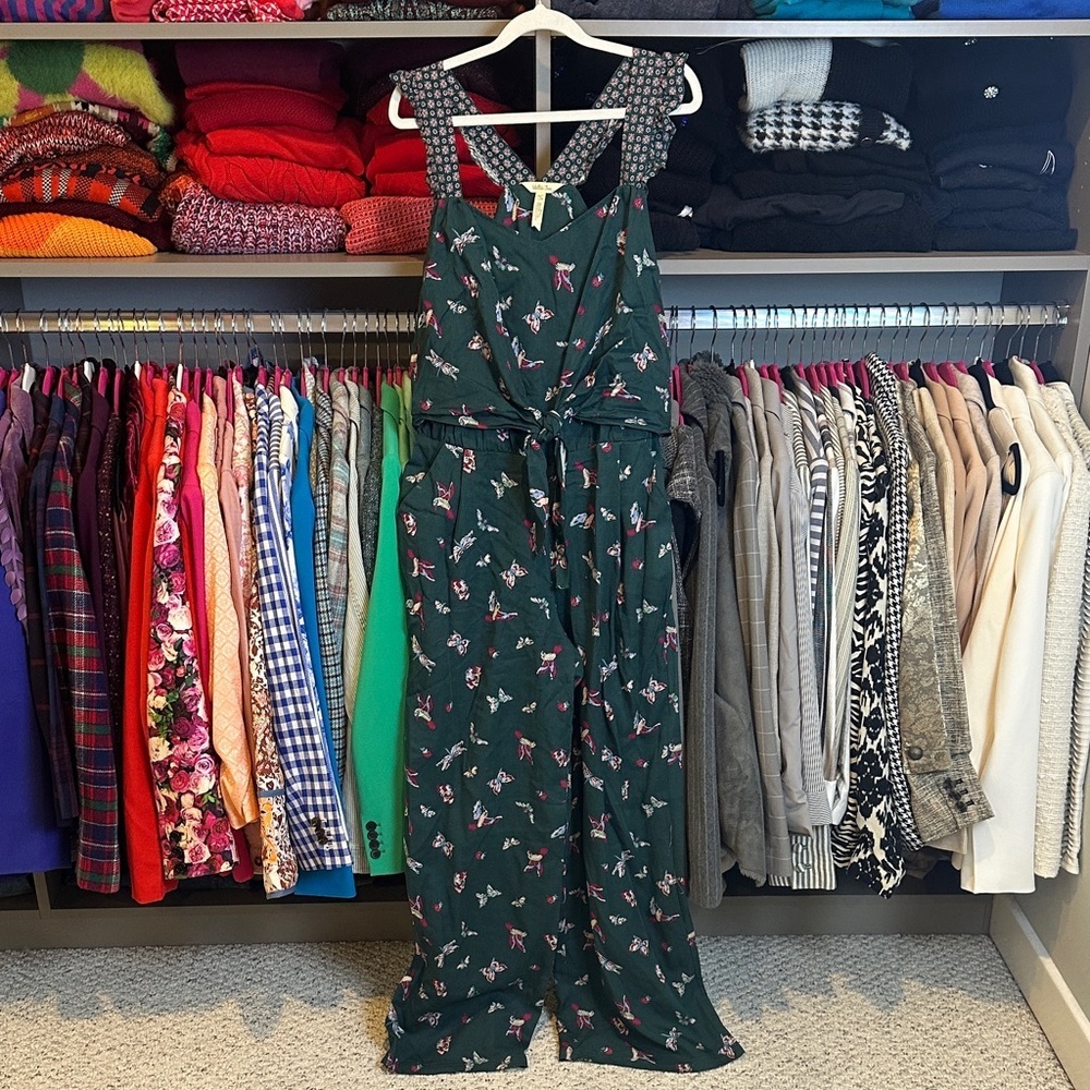 Matilda Jane green/pink print sleeveless front tie elastic waist jumpsuit size S